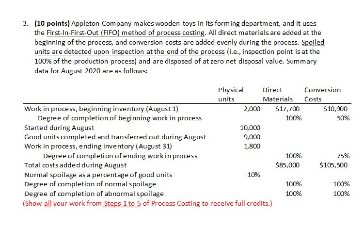help a b please 3. (10 points) Appleton Company makes wooden toys