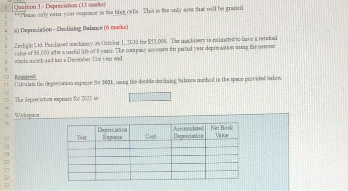 same question 1 Question 3 - Depreciation (13 marks) **Please only enter