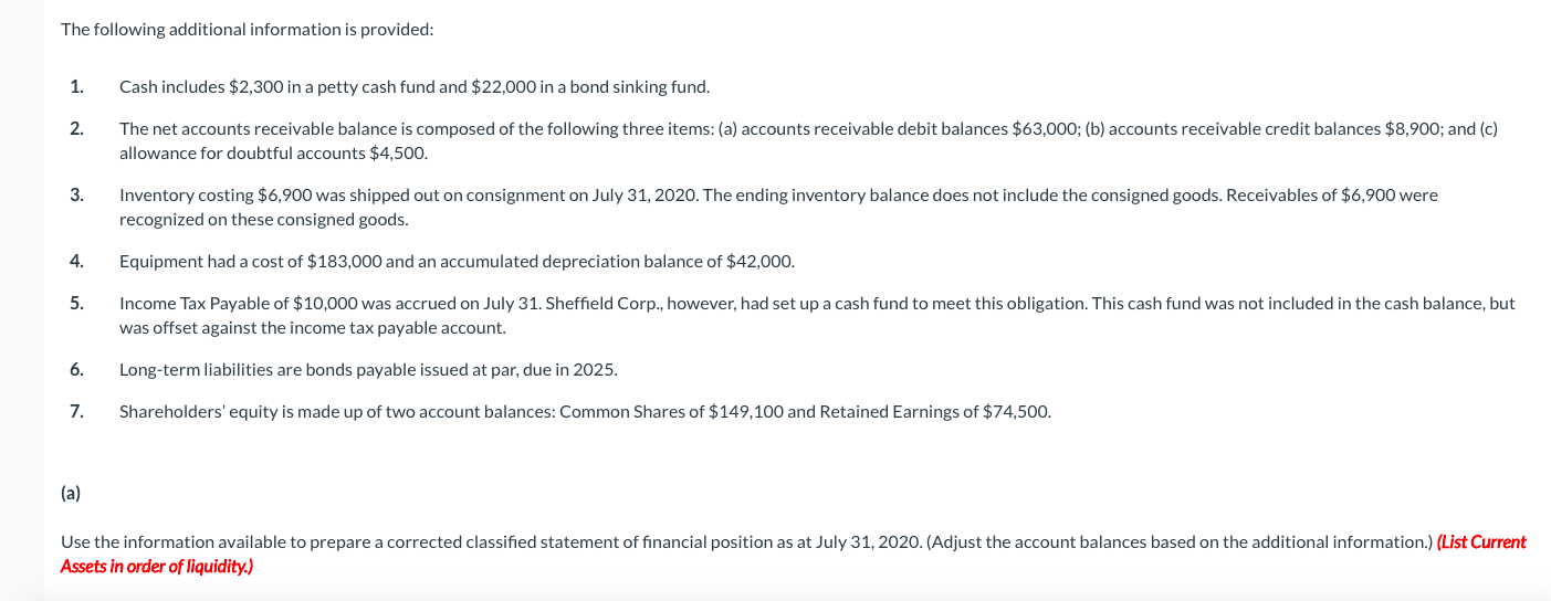 bookkeeper for Sheffield Corp. has prepared the following statement of financial position