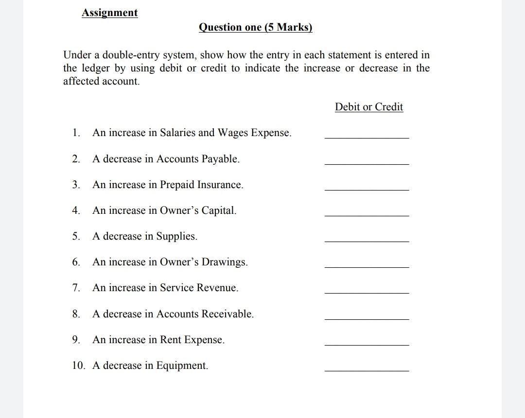  Assignment Question one (5 Marks) Under a double-entry system, show how