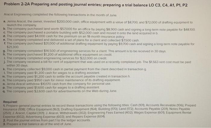  Problem 2-2A Preparing and posting journal entries; preparing a trial balance