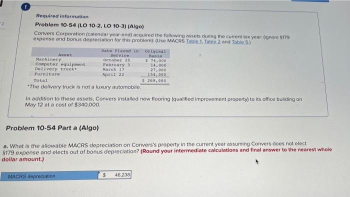  Required information Problem 10-54 (LO 10-2, LO 10-3) (Algo) Convers Corporation