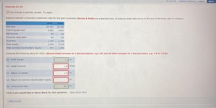  CALORATO THE VERSION HACK BENTO Exercise 13-10 Your answer is partially