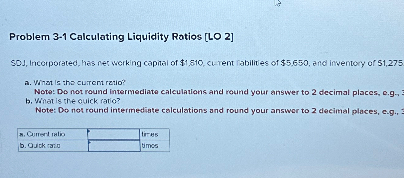  Problem 3-1 Calculating Liquidity Ratios [LO 2] SDJ, Incorporated, has net