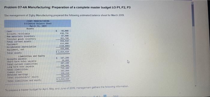 please answer asap Problem 07-4A Manufacturing: Preparation of a complete master budget