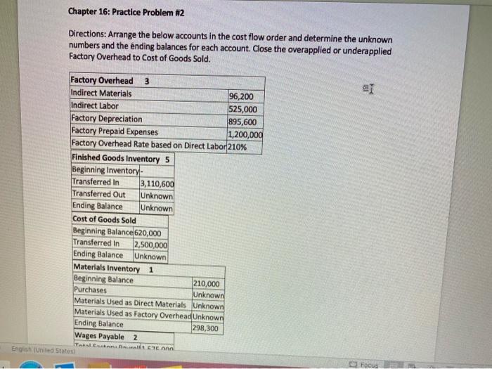 Chapter 16: Practice Problem #2 Directions: Arrange the below accounts in