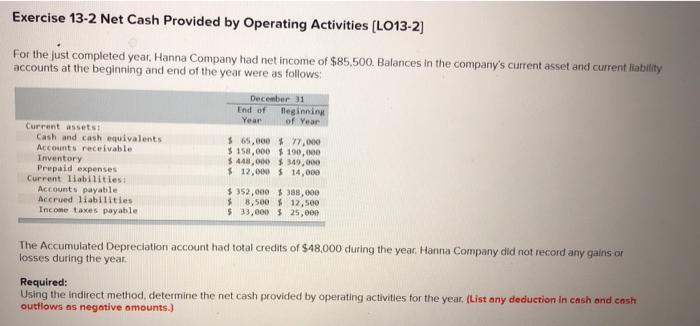  Exercise 13-2 Net Cash Provided by Operating Activities (LO13-2] For the