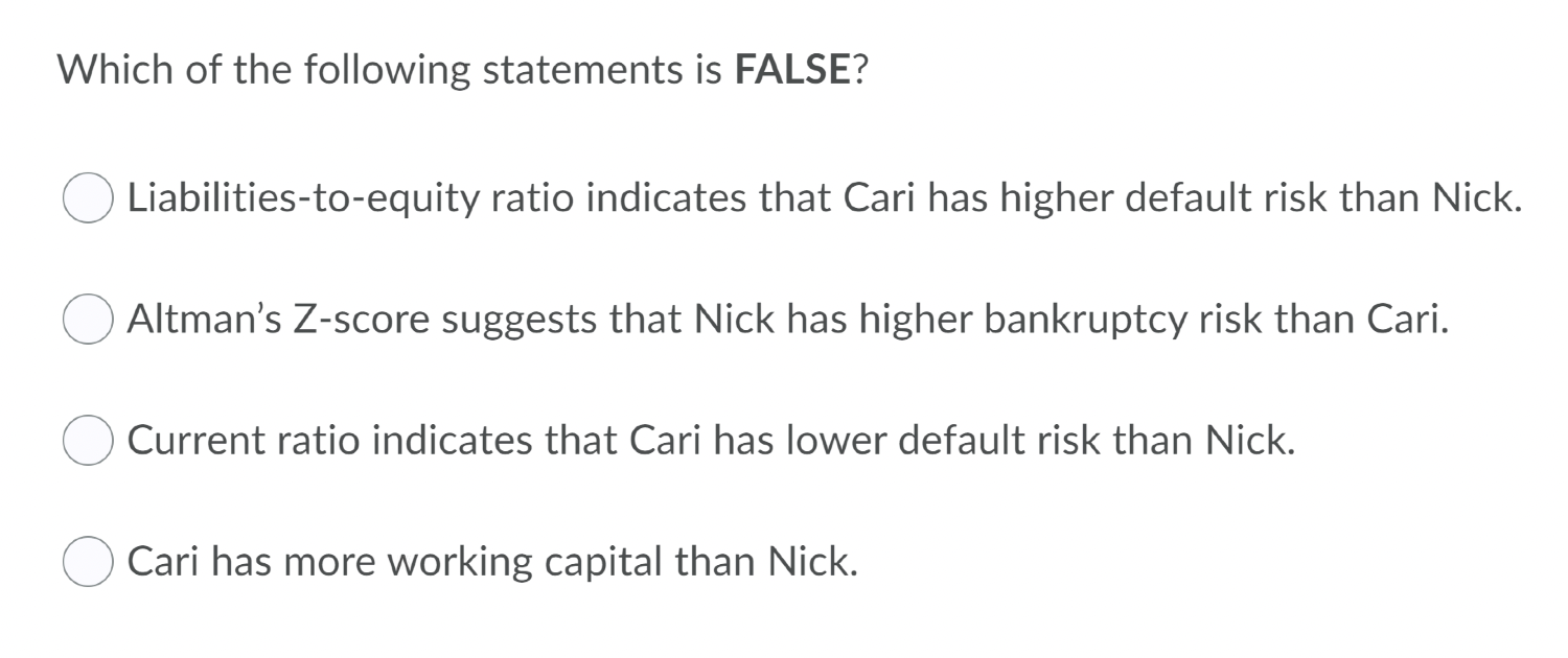 Inc. for 2018. Cari Corp. Nick Inc. Current assets $683,140 $488,974 Current