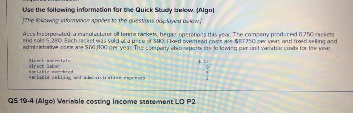  Use the following information for the Quick Study below. (Algo) [The