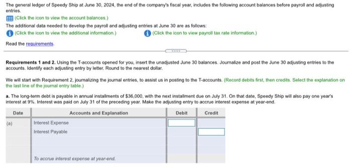 insert the unadjusted June 30 balances. 2. Journalize and post the June