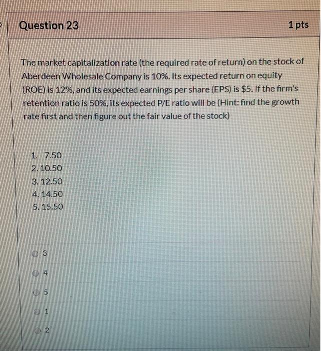 PLEASE ANSWER ASAP WILL RATE Question 23 1 pts The market capitalization