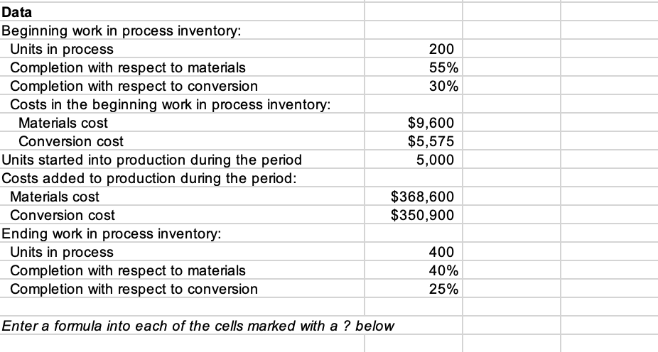 For the question marks, please put the formula in (ex. =B4*C12)