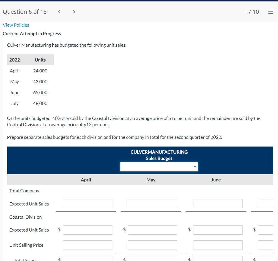 Question 6 of 18 > - / 10 E View Policies