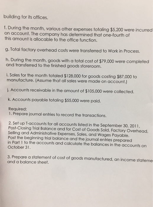 Co. The post-closing trial balance of ABC Manufacturing Co. at September 30