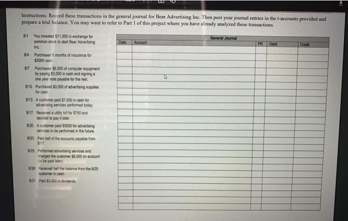  Instructions Record these transactions in the general journal for Bear Advertising