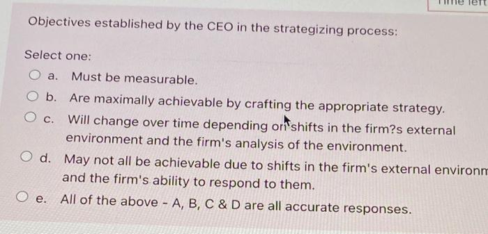  Objectives established by the CEO in the strategizing process: O c.