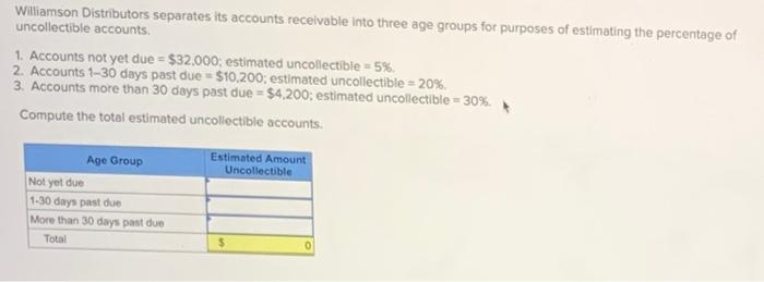  Williamson Distributors separates its accounts receivable into three age groups for