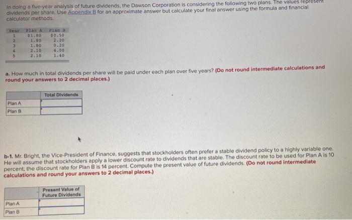  In doing a five-year analysis of future dividends, the Dawson Corporation