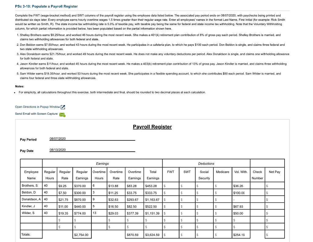 PSC 3-10: Populate a Payroll Register Complete the FWT (wage-bracket method)