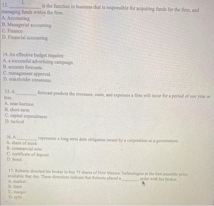  13. is the function in business that is responsible for acquiring