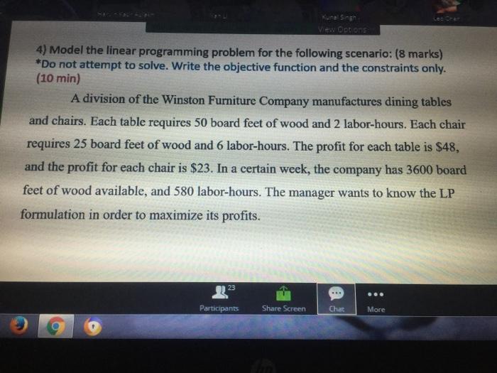  Kunal Singh View Options 4) Model the linear programming problem for