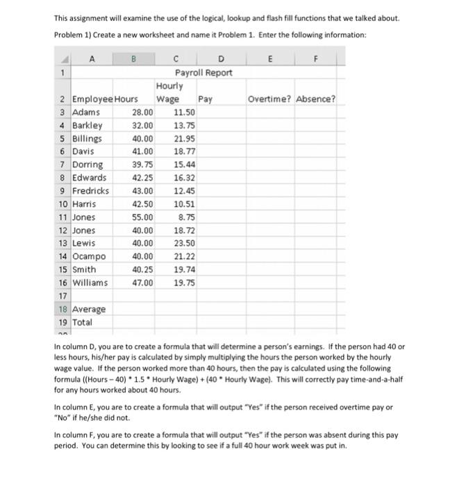 need help finding formulas for overtime and absence to compute in excel
