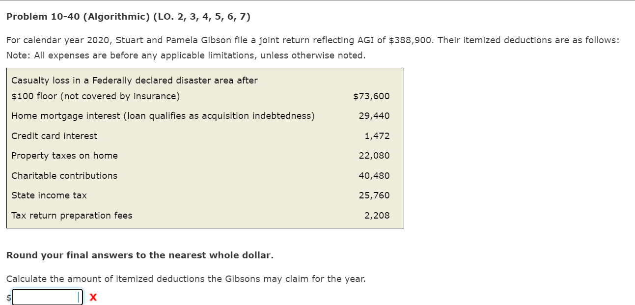 Problem 10-40 (Algorithmic) (LO. 2, 3, 4, 5, 6, 7) For
