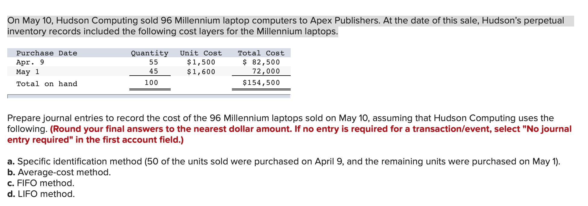 On May 10, Hudson Computing sold 96 Millennium laptop computers to