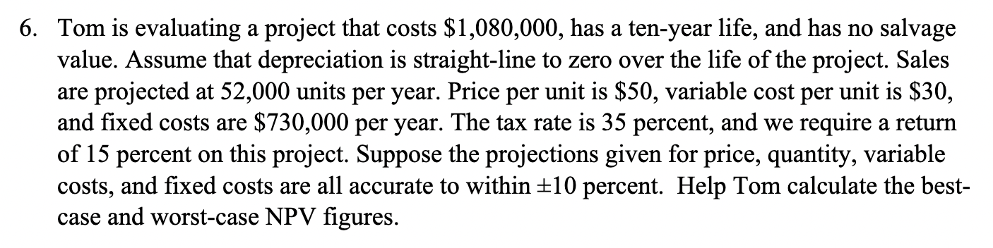  Tom is evaluating a project that costs $1,080,000, has a ten-year