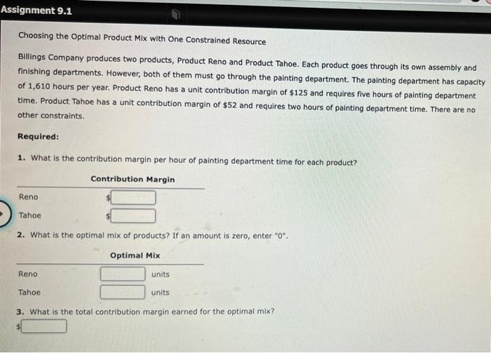  Assignment 9.1 Choosing the optimal Product Mix with One Constrained Resource
