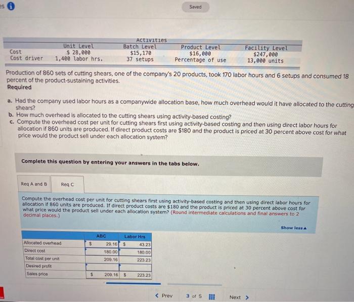 Saved Activities Unit Level Batch Level Product Level Facility Level Cost