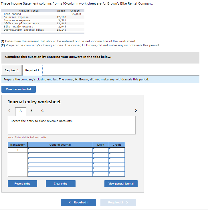 columns from a 10-column work sheet are for Brown's Bike Rental Company.