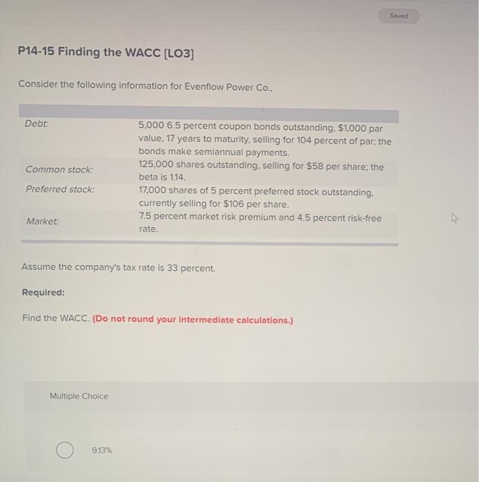  Saved P14-15 Finding the WACC [LO3] Consider the following information for