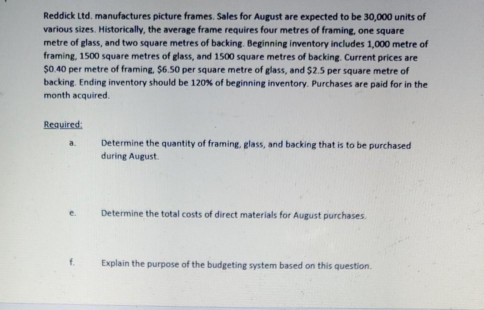  Reddick Ltd. manufactures picture frames. Sales for August are expected to