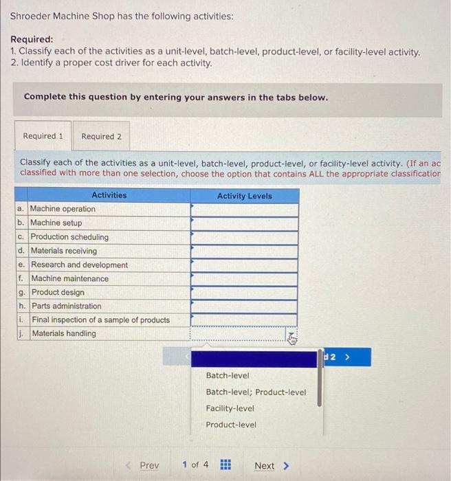  Shroeder Machine Shop has the following activities: Required: 1. Classify each