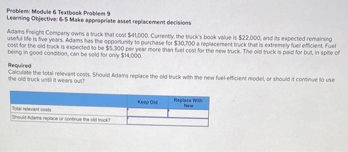  Problem: Module 6 Textbook Problem 9 Learning Objective: 6-5 Make appropriate
