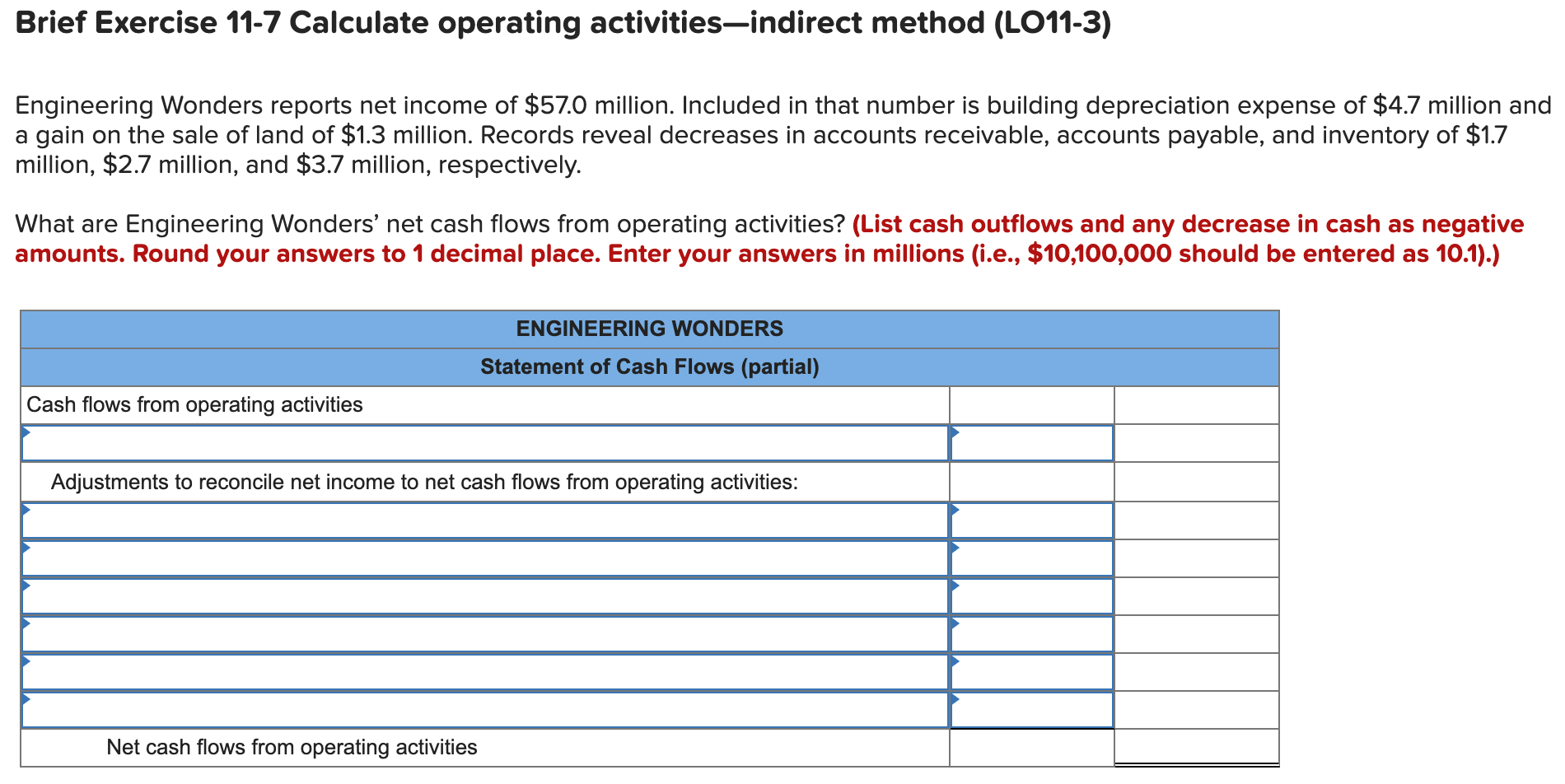 Brief Exercise 11-7 Calculate operating activities-indirect method (LO11-3) Engineering Wonders reports