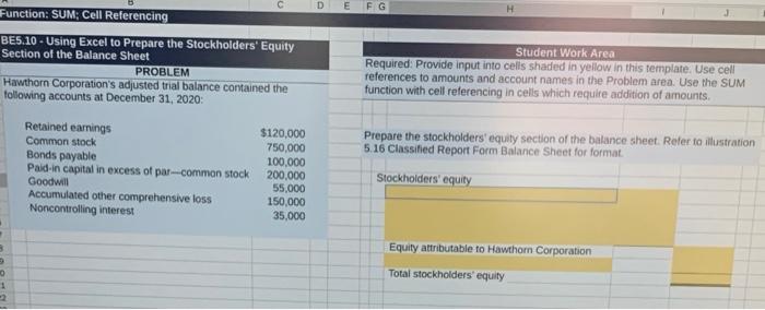 please help me D E F G Function: SUM; Cell Referencing BE5.10