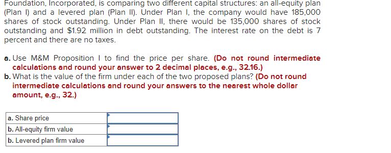  Foundation, Incorporated, is comparing two different capital structures: an all-equity plan