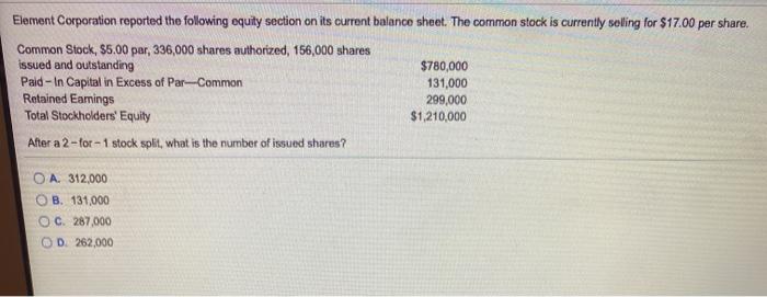  Element Corporation reported the following equity section on its current balance