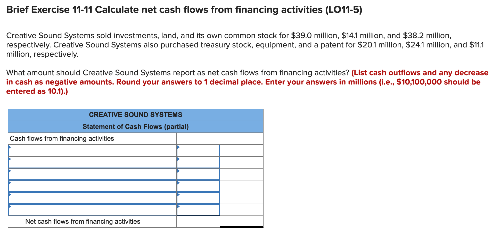 Brief Exercise 11-11 Calculate net cash flows from financing activities (LO11-5)