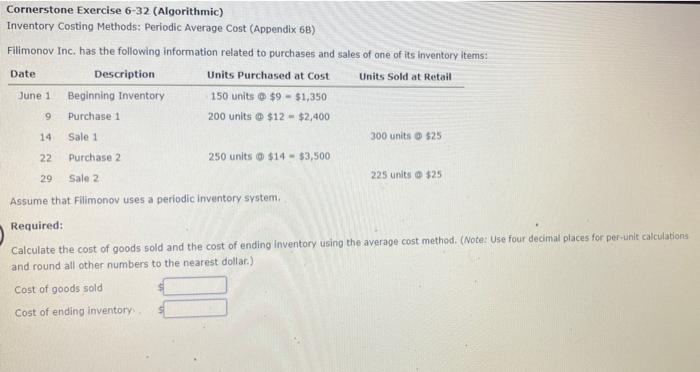  Cornerstone Exercise 6-32 (Algorithmic) Inventory Costing Methods: Periodic Average Cost (Appendix