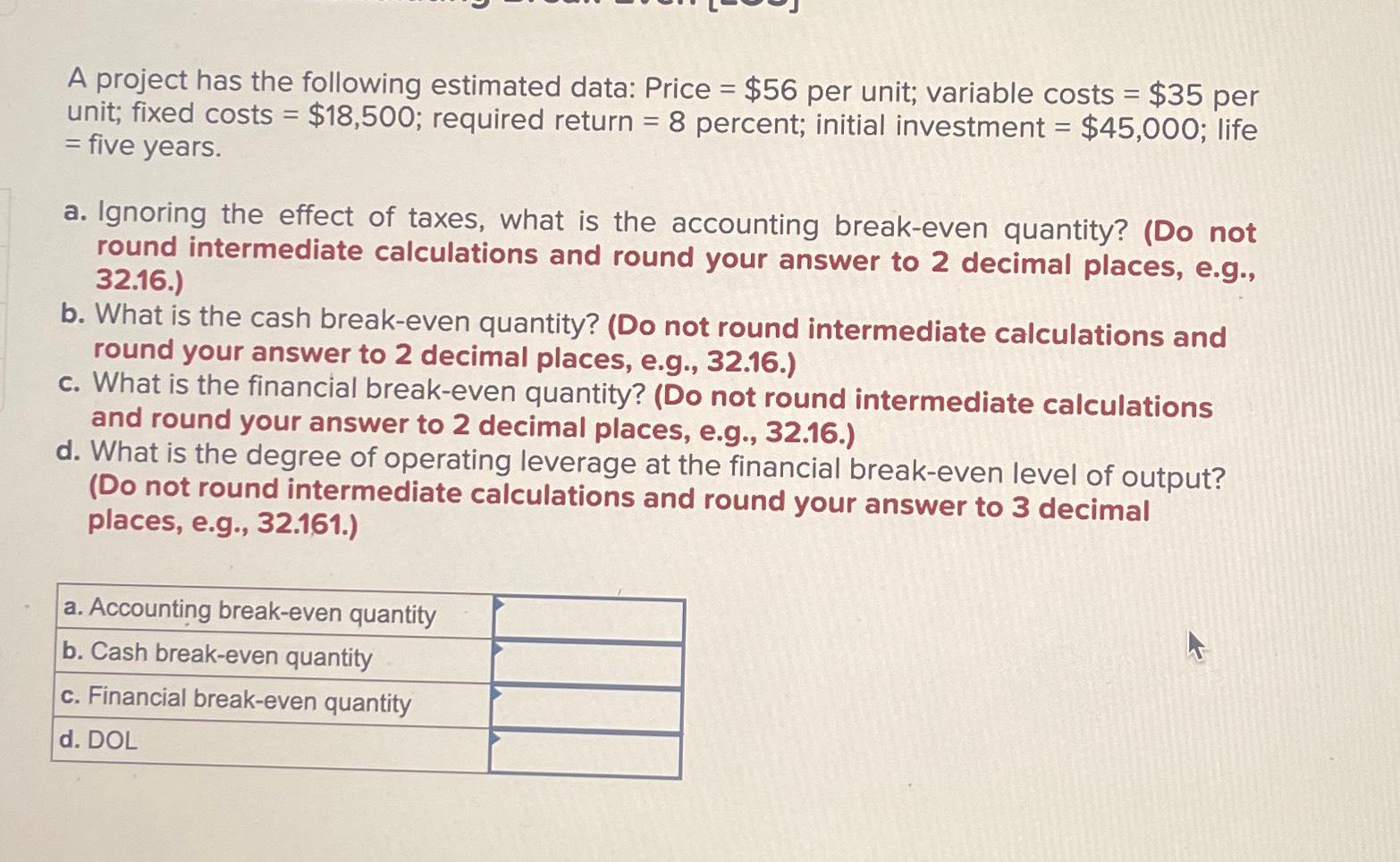  A project has the following estimated data: Price =$56 per unit;