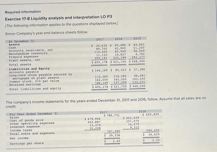  Required information Exercise 17-8 Liquidity analysis and interpretation LO P3 [The