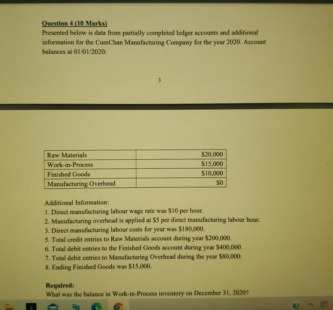 Question 4 (10 Marks) Presented below is data from partially completed