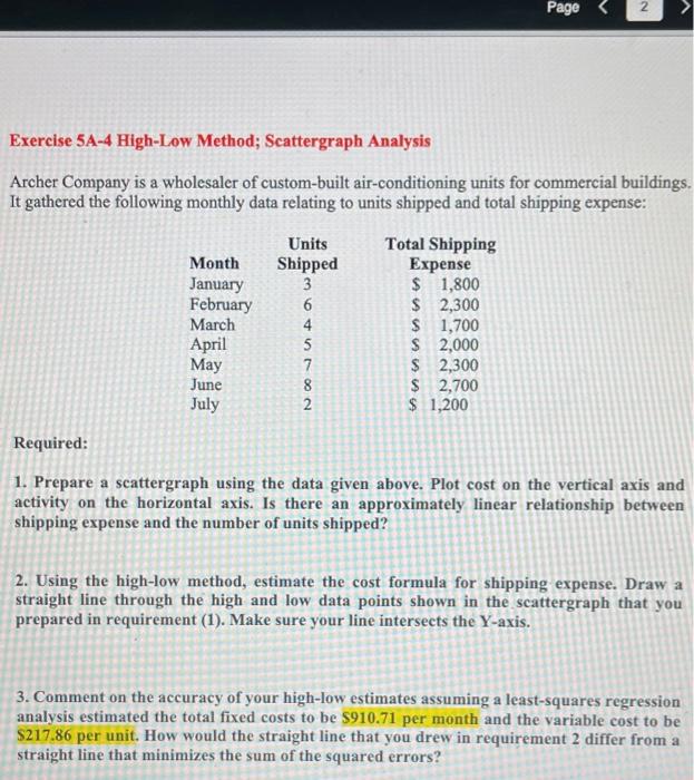  Page 2 Exercise 5A-4 High-Low Method; Scattergraph Analysis Archer Company is
