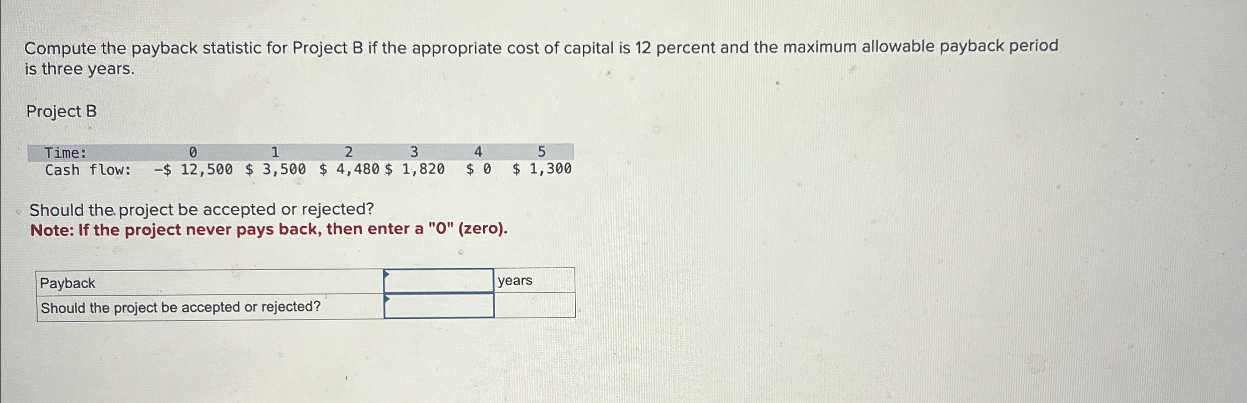  Compute the payback statistic for Project B if the appropriate cost