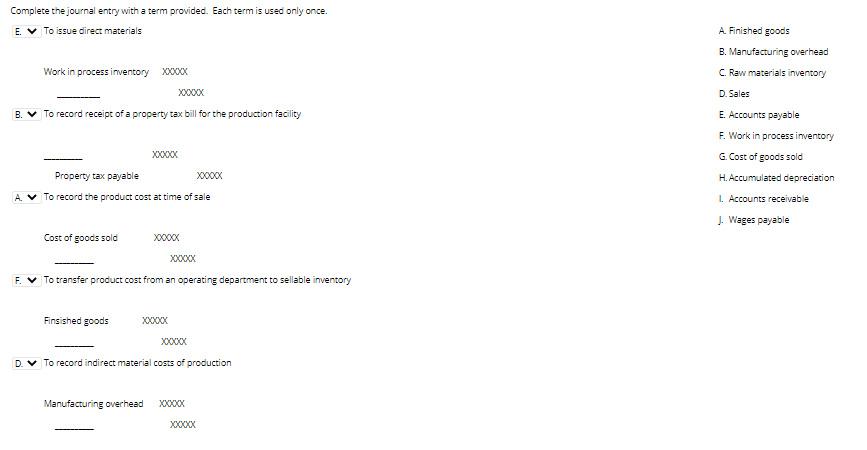 Complete the journal entry with a term provided. Each term is