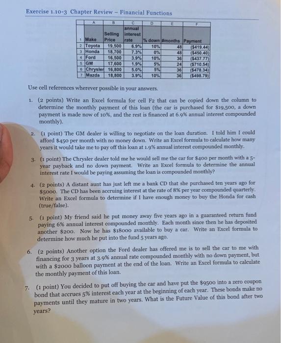  Exercise 1.10-3 Chapter Review - Financial Functions Price A C D