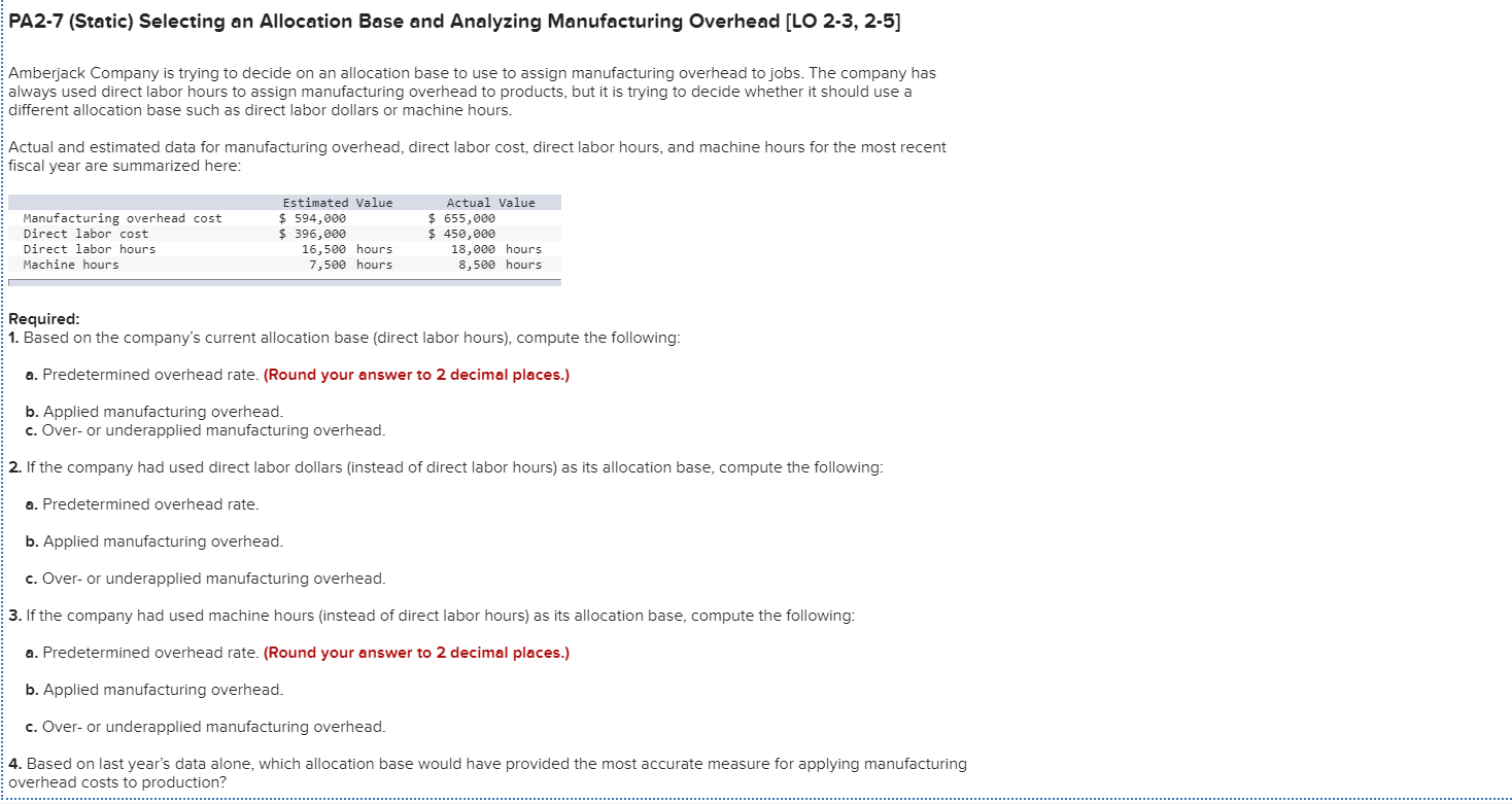PA2-7 (Static) Selecting an Allocation Base and Analyzing Manufacturing Overhead [LO